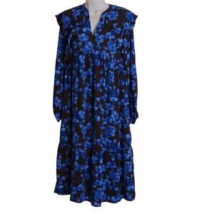 A New Day Womens Long Sleeve Floral Midi Dress Size XS Blue Ruffled Hem V-Neck